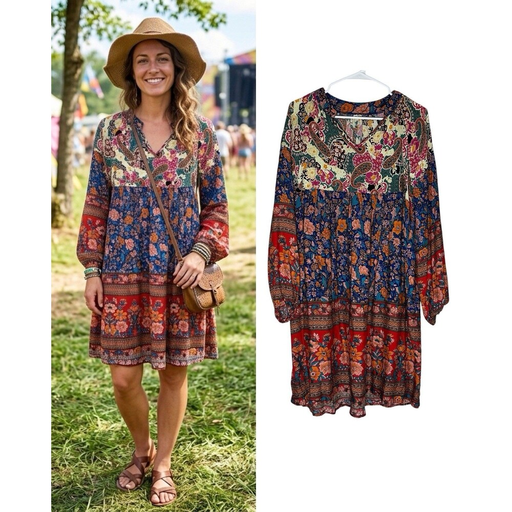 Boho Festival Mini Dress Paisley Floral Tiered Flowy Summer Gypsy Women Size M